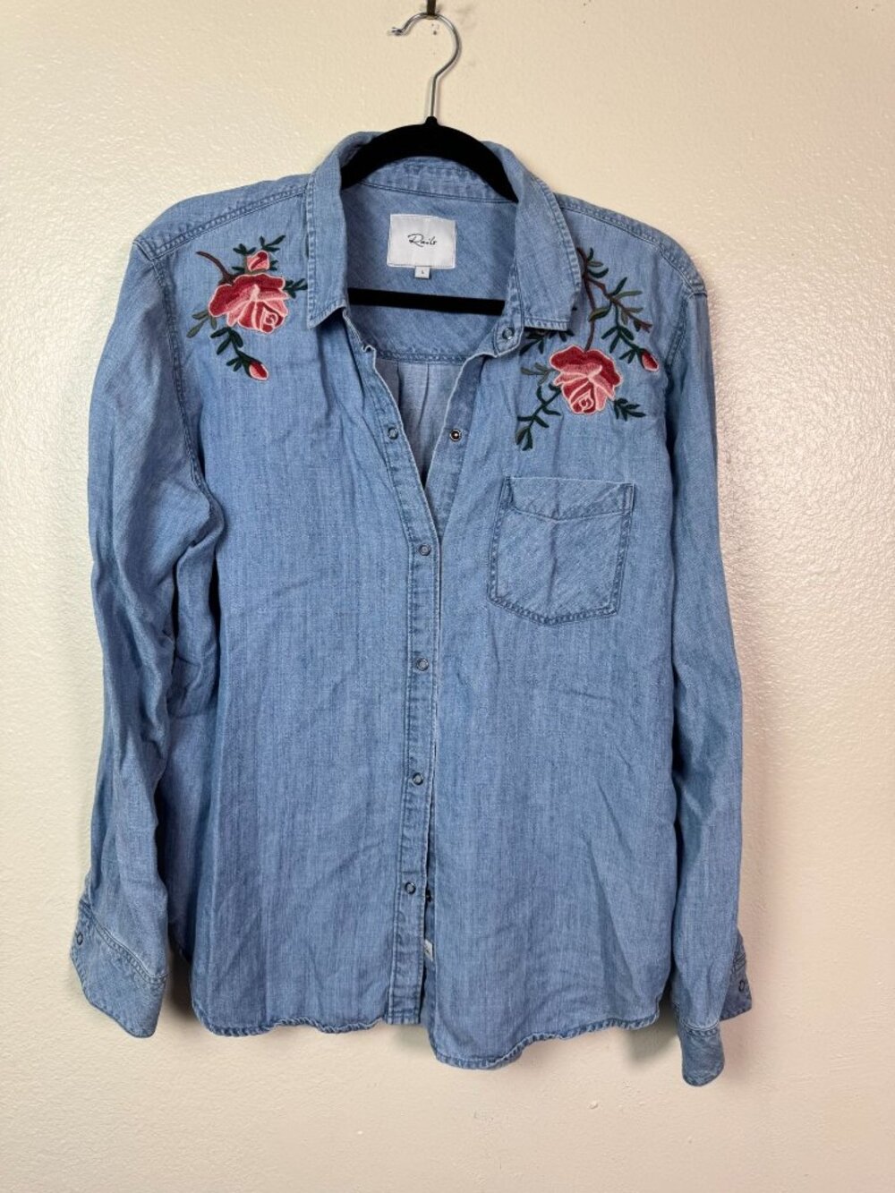 Rails Ingrid Medium Vintage Rose Embroidered Chambray Denim Top Large Linen Blen